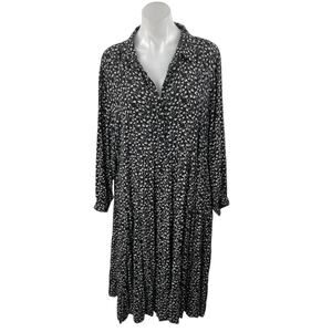 MONKL Black White Floral Long Sleeve Collared Pleated Midi Swing Dress Size XL